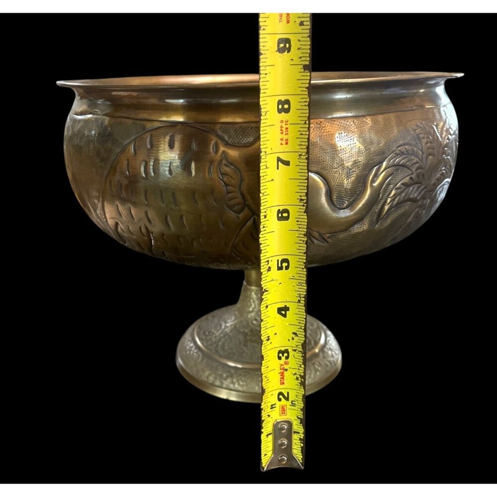Vtg Lacquered Brass Pedestal Bowl Made In India Etched Elephants Palm Trees - Picture 6 of 7